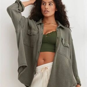 Aerie NWOT Olive Green Women's Waffle Knit Shacket